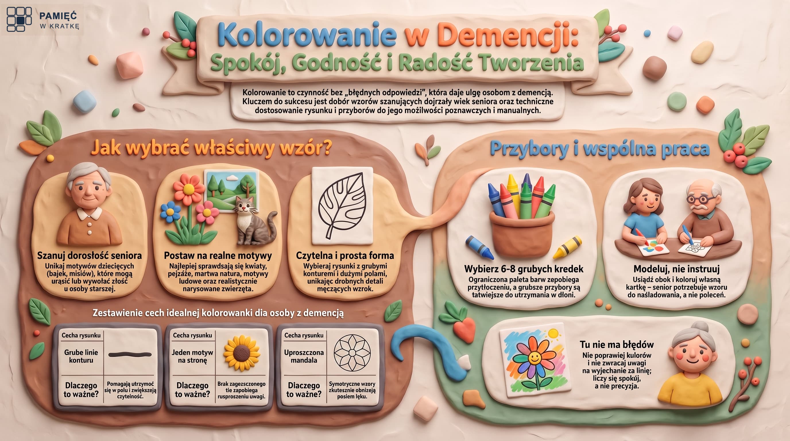 Infografika: kolorowanie w demencji, spokój, godność i radość tworzenia. Jak wybrać właściwy wzór (szanuj dorosłość seniora, realne motywy jak kwiaty, pejzaże i zwierzęta, czytelna i prosta forma), cechy idealnej kolorowanki (grube linie konturu, jeden motyw na stronę, uproszczona mandala) oraz przybory i wspólna praca (6 do 8 grubych kredek, modeluj zamiast instruować, nie poprawiaj kolorów, bo tu nie ma błędów).