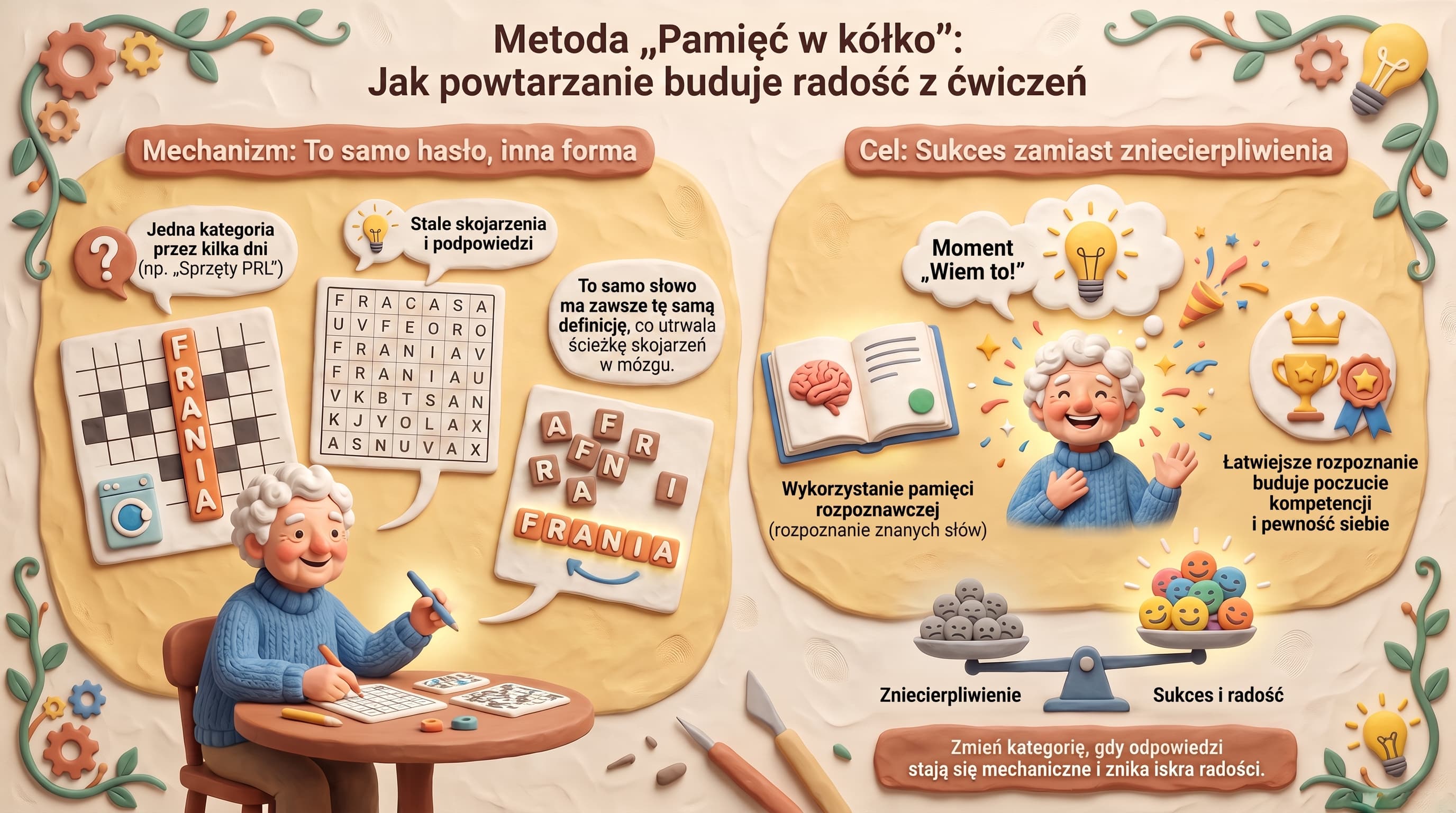 Infografika: metoda Pamięć w kółko, jak powtarzanie buduje radość z ćwiczeń. Po lewej mechanizm: jedna kategoria (np. Sprzęty PRL) przez kilka dni, to samo hasło FRANIA wraca w krzyżówce, wykreślance i rozsypance ze stałą podpowiedzią. Po prawej cel: sukces zamiast zniecierpliwienia, moment 'wiem to!', pamięć rozpoznawcza i poczucie kompetencji, oraz przypomnienie, by zmienić kategorię, gdy odpowiedzi stają się mechaniczne.