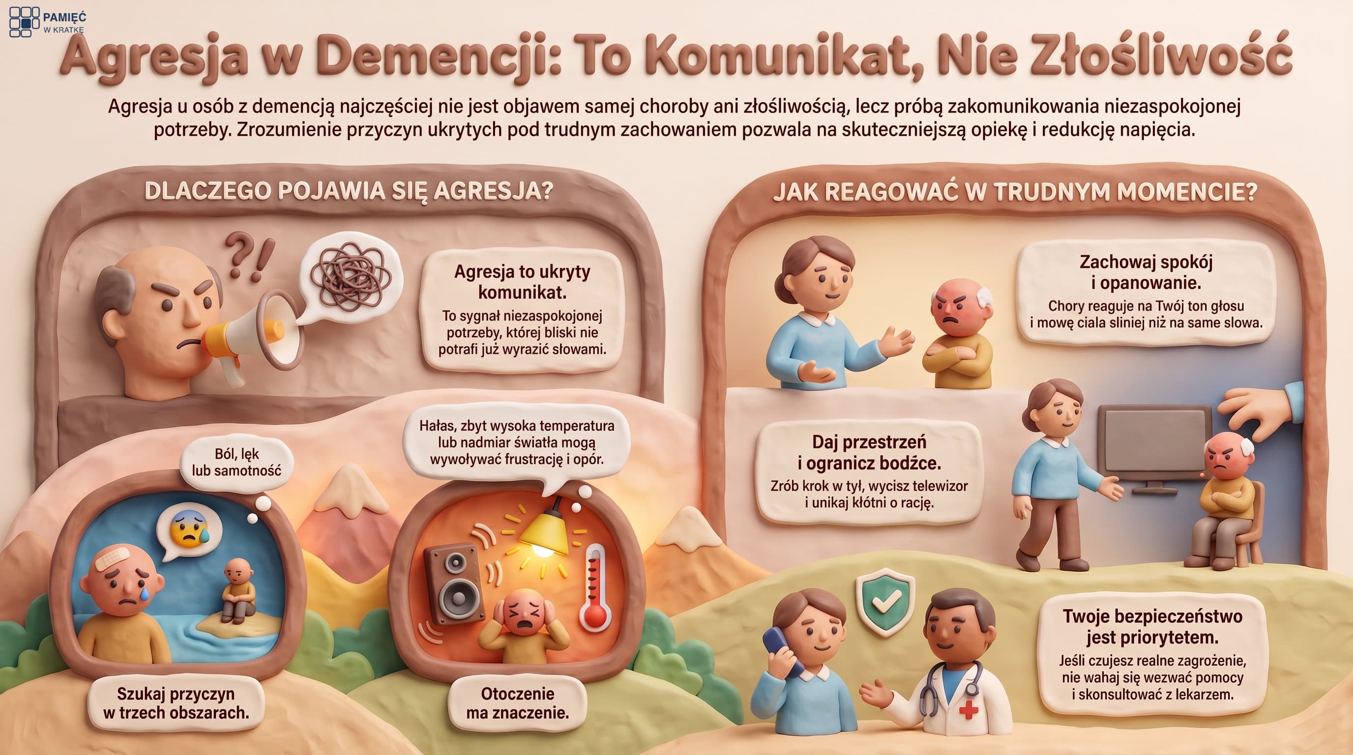Infografika: agresja przy demencji to zwykle sygnał niezaspokojonej potrzeby, a nie złośliwość. Trzy obszary przyczyn (ból, lęk, izolacja) oraz jak reagować: zachowaj spokój i daj przestrzeń, ogranicz bodźce i odwróć uwagę, dbaj o własne bezpieczeństwo.