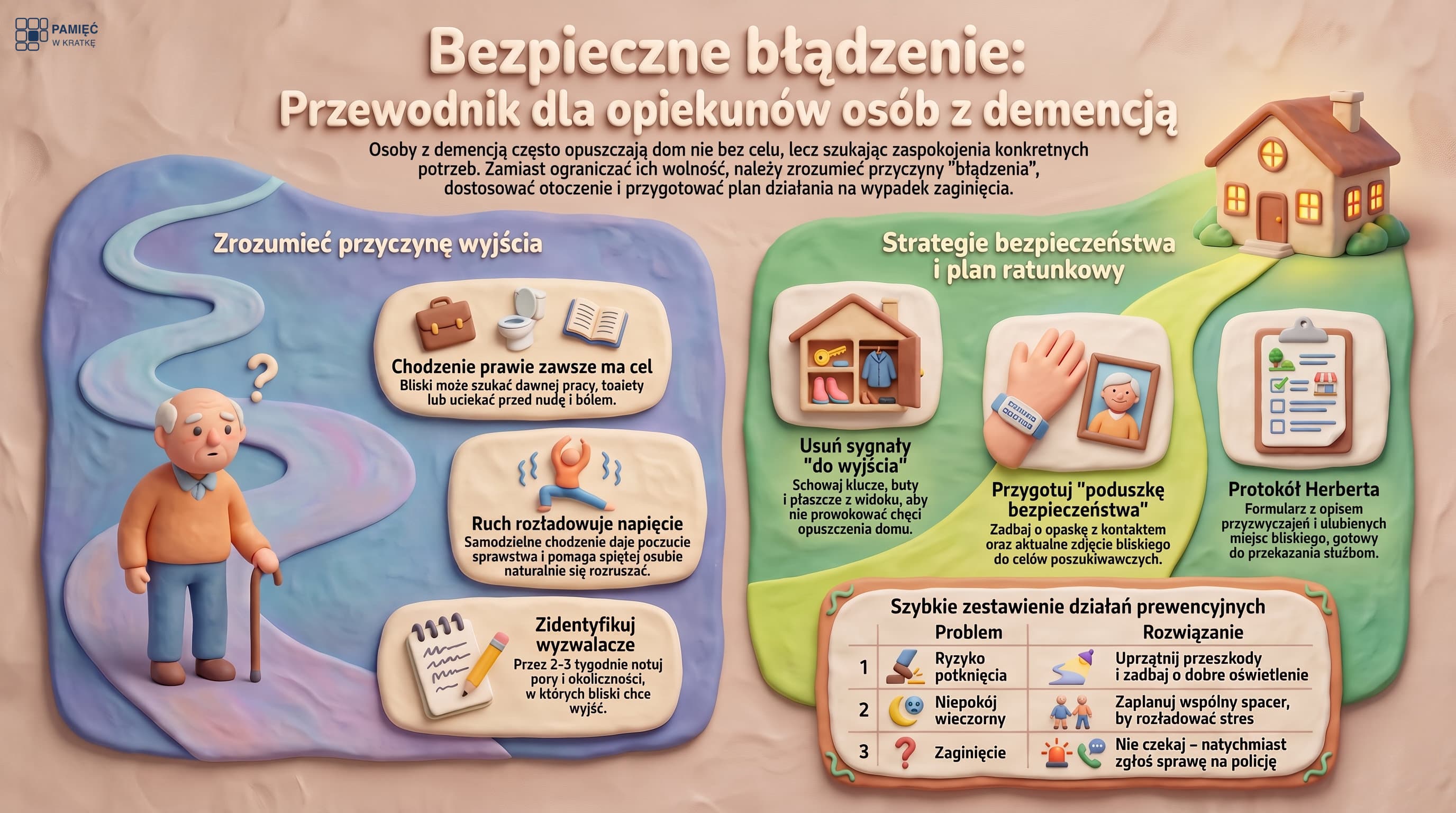 Infografika: błądzenie i wychodzenie z domu przy demencji. Za wyjściem zwykle stoi jakiś powód (nuda, niepokój, dawny nawyk), sposoby na bezpieczeństwo w domu (bezpieczna przestrzeń do chodzenia, obserwacja wyzwalaczy, spokojny rytm dnia) oraz plan na wypadek zaginięcia: aktualne zdjęcie, telefon na policję, formularz z danymi przygotowany wcześniej.