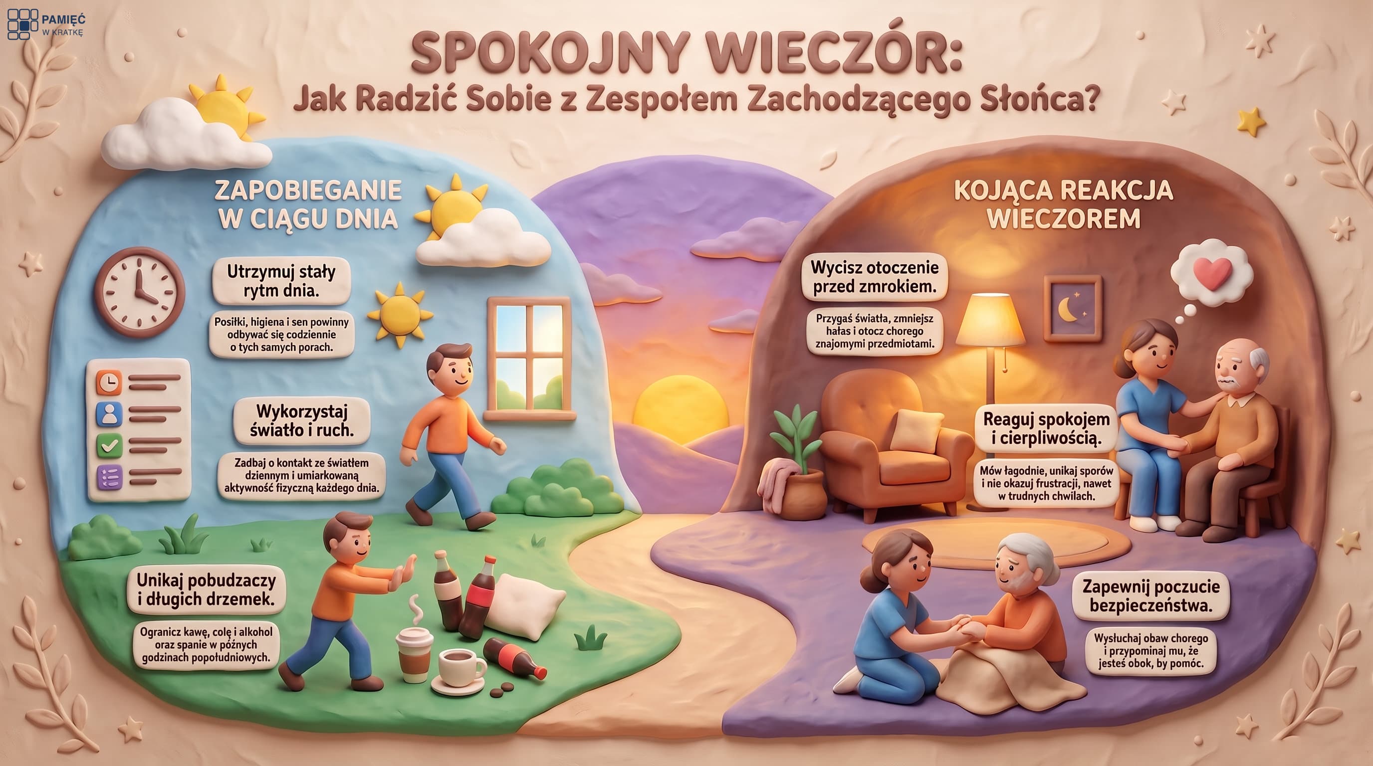 Infografika: demencja a sen i zespół zachodzącego słońca. Przygotowanie w ciągu dnia (stała rutyna, światło dzienne i aktywność, unikanie stymulantów i drzemek) oraz kojący wieczór i reakcja (wyciszenie otoczenia, spokój opiekuna, odpoczynek opiekuna).