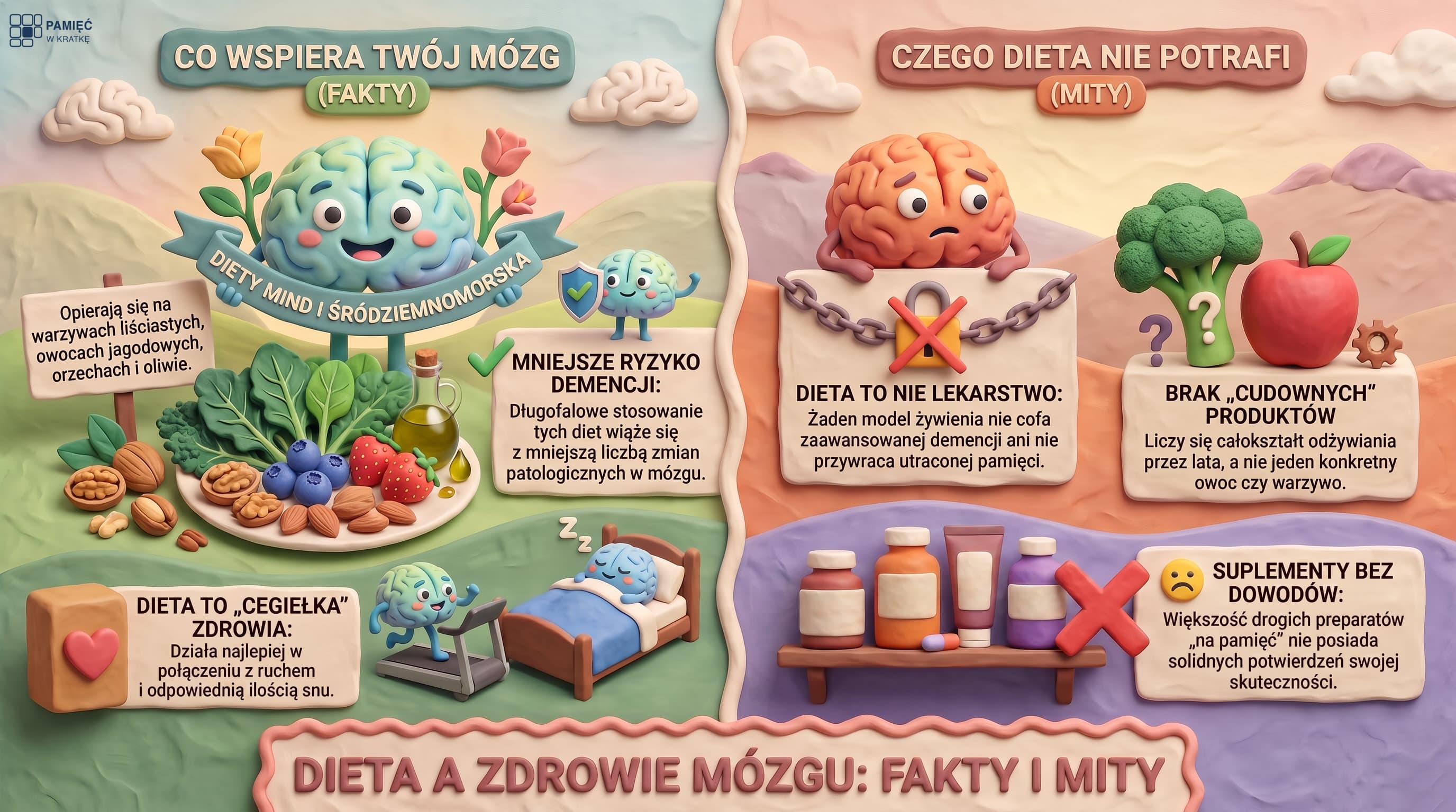 Infografika: dieta a zdrowie mózgu. Co mówią badania (diety typu śródziemnomorska i MIND wiążą się z mniejszym ryzykiem demencji, ale dowody są głównie obserwacyjne i mieszane co do wpływu na myślenie) oraz uczciwe granice: dieta nie cofa demencji, żaden pojedynczy produkt ani suplement nie jest cudownym lekiem. Co ma sens: warzywa liściaste, jagody, ryby, oliwa, mniej czerwonego mięsa.