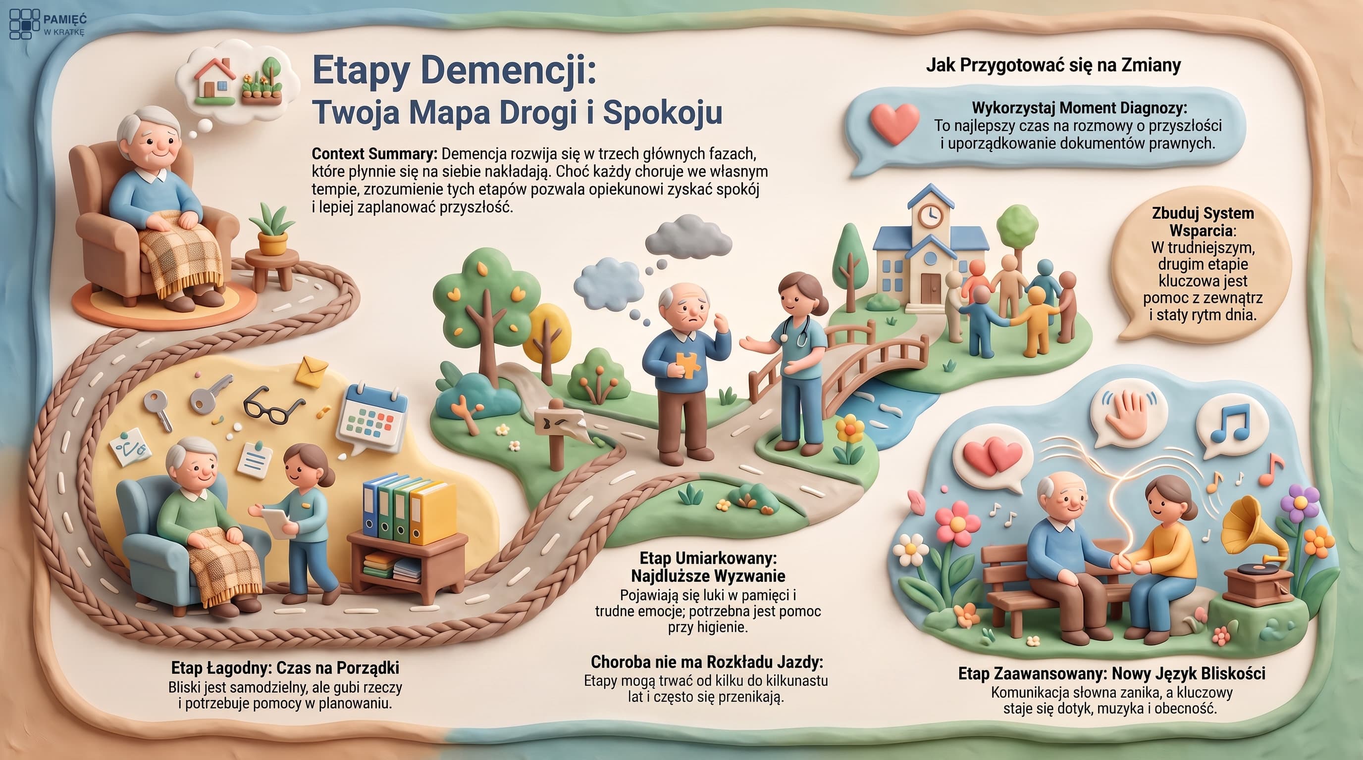 Infografika: trzy etapy demencji. Łagodny (drobne pomyłki, gubienie rzeczy, samodzielność zachowana), umiarkowany (większa potrzeba pomocy w codziennych czynnościach, luki w pamięci, zmiany zachowania) i zaawansowany (potrzeba stałej opieki). Uwaga: etapy się na siebie nakładają i tempo jest bardzo różne u różnych osób.