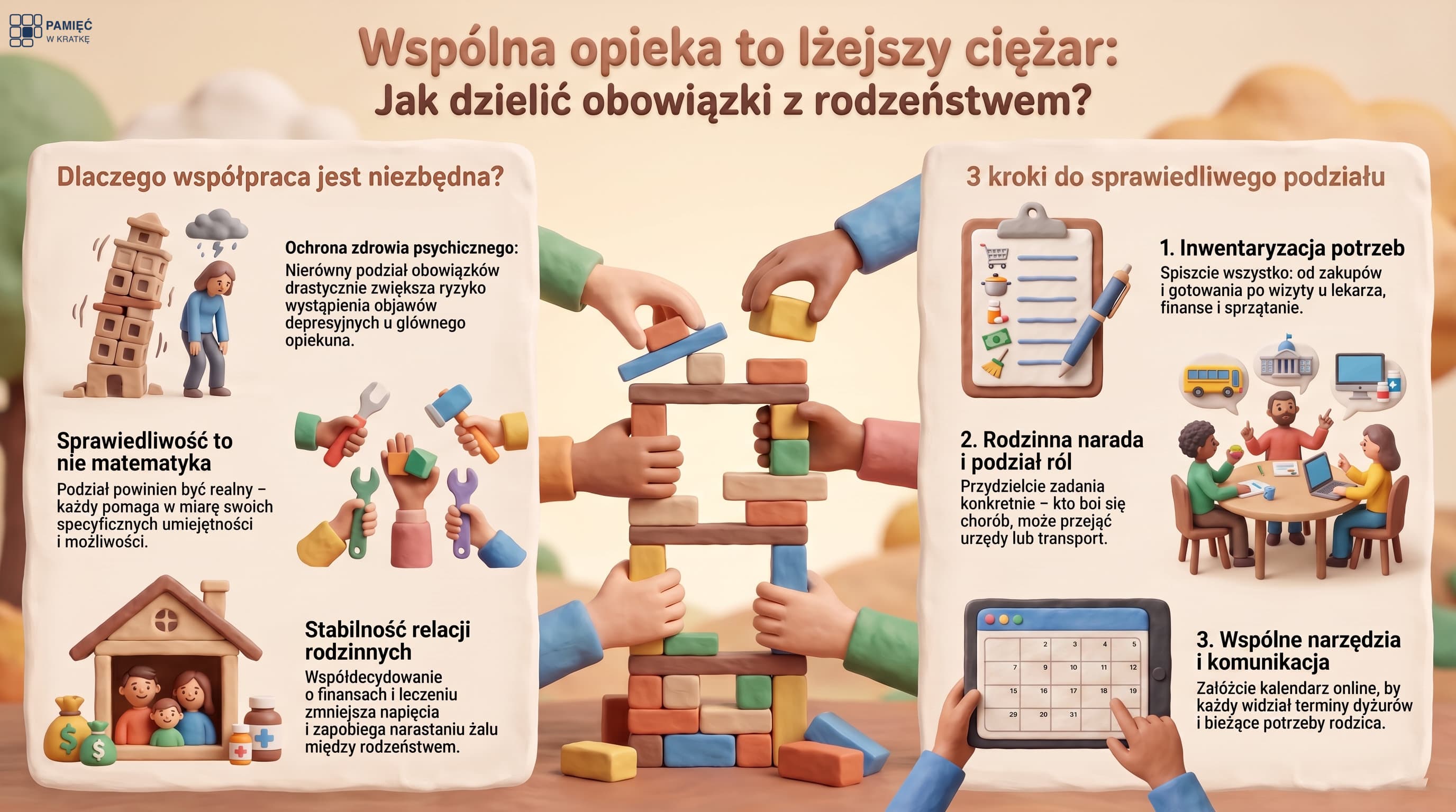 Infografika: rodzeństwo i podział opieki nad bliskim z demencją. Kroki: spisać wszystkie zadania, zwołać rozmowę rodzinną, podzielić się sprawiedliwie (opieka, pieniądze, formalności, transport), używać wspólnego kalendarza, wracać do ustaleń, gdy potrzeby się zmieniają. Nierówny podział zwiększa ryzyko żalu i przygnębienia u głównego opiekuna.