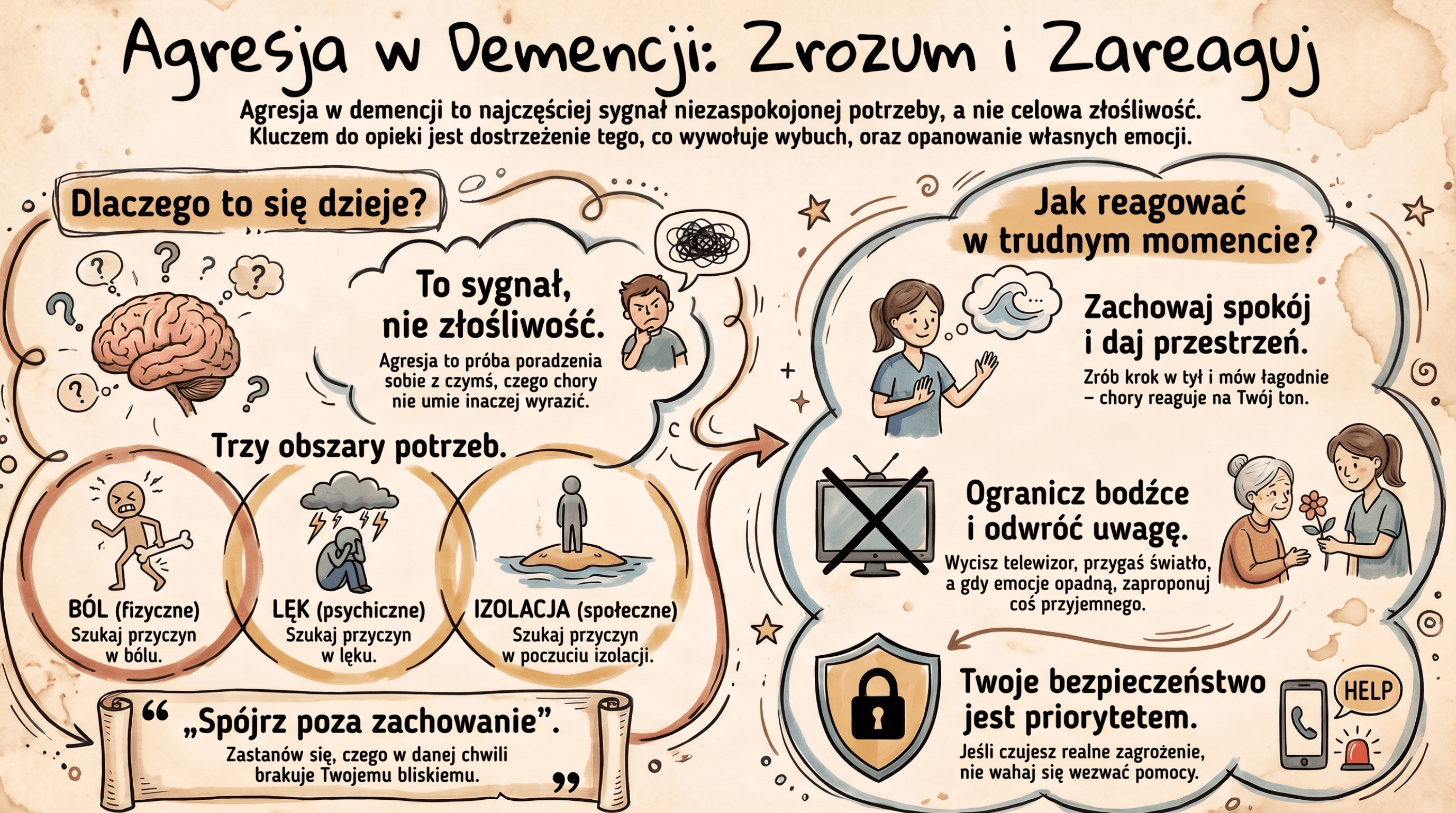 Infografika: agresja przy demencji to zwykle sygnał niezaspokojonej potrzeby, a nie złośliwość. Trzy obszary przyczyn (ból, lęk, izolacja) oraz jak reagować: zachowaj spokój i daj przestrzeń, ogranicz bodźce i odwróć uwagę, dbaj o własne bezpieczeństwo.