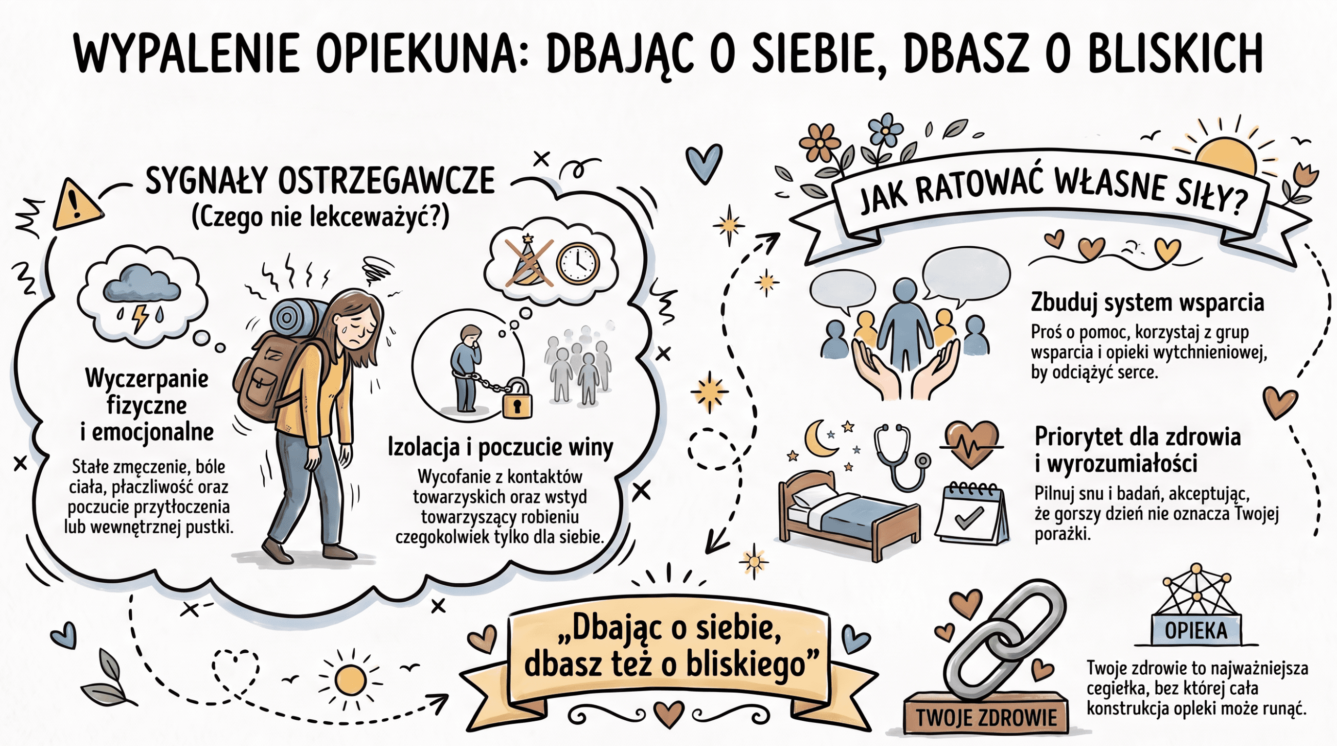 Infografika: wypalenie opiekuna, dbając o siebie dbasz o bliskich. Sygnały ostrzegawcze (wyczerpanie fizyczne i emocjonalne, izolacja i poczucie winy) oraz jak ratować własne siły: zbuduj system wsparcia, priorytet dla zdrowia i wyrozumiałość wobec siebie.